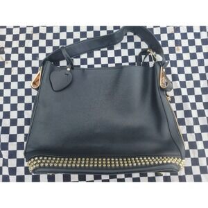 Black Faux Leather Satchel Handbag Gold Studded Bottom‎ Heart Charm